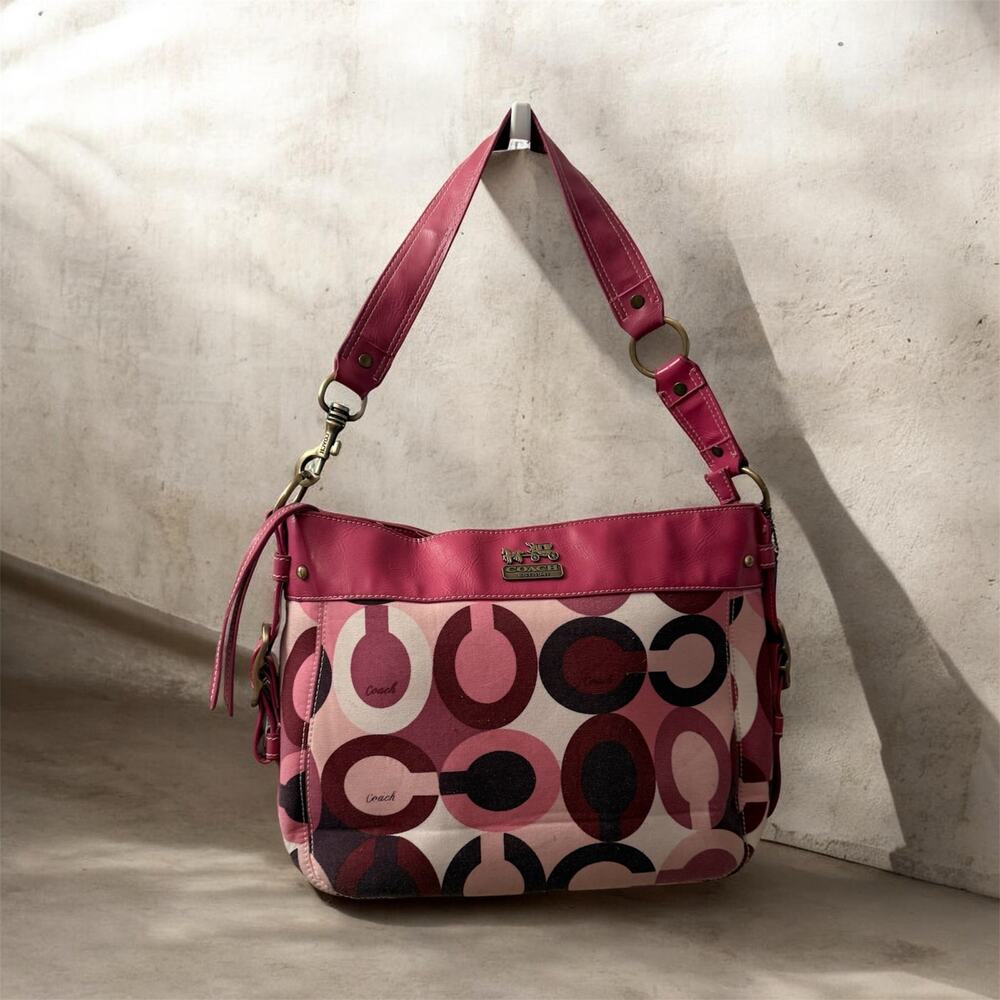 Coach Pink Signature Graphic Print Shoulder Hobo Bag – Leather Trim